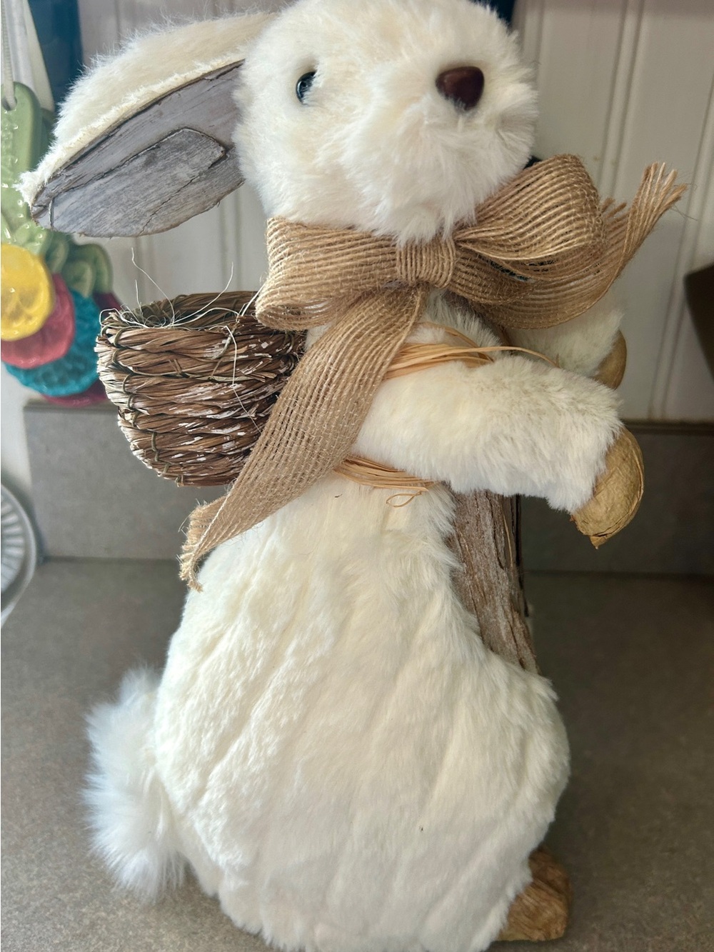 White Plush Bunny Figurine with Burlap Bow - Home Accents Decor